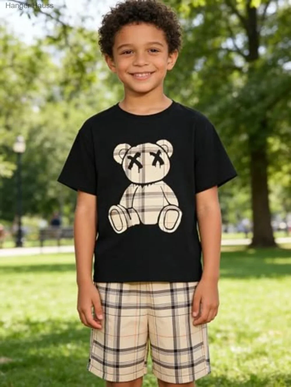 Toddler Boys Bear Print Tee with Plaid Shorts Set Cotton_3